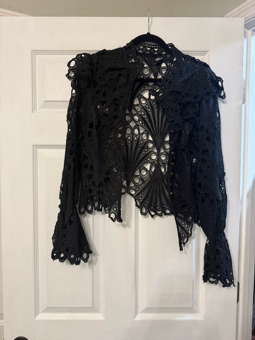 Black Lace Crochet Long-Sleeve Blouse